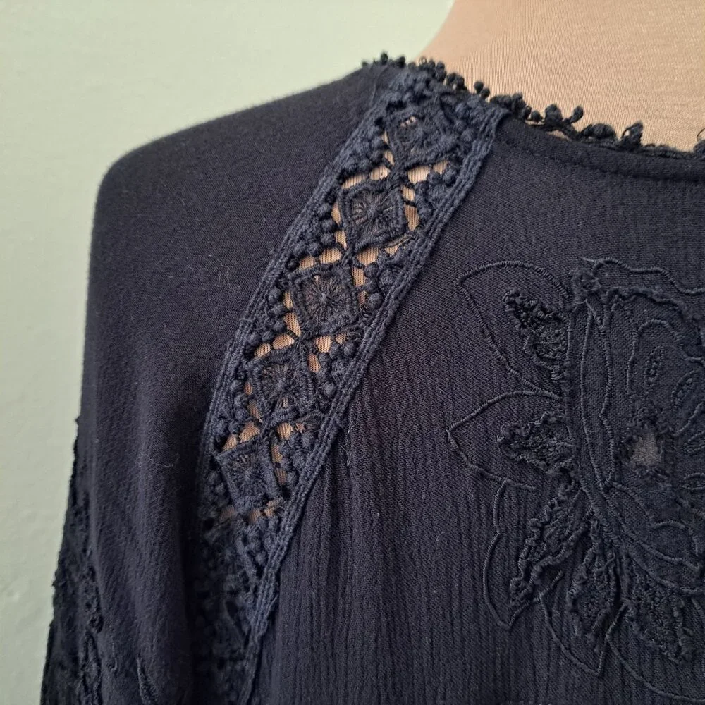 Free People Black Long Sleeve Tiered Lace Midi Dress